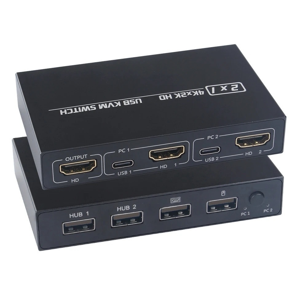 Aparelho com 2 hdmi de entrada e 1 hdmi de saída e 2 usb(mouse e teclado) para que com um clique do único botão se troque o computador que vai usar o monitor e os perifericos